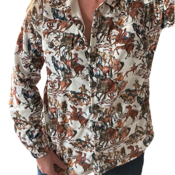 Fall Cowgirl Button Up Shirt, Western Fall Cowboy Print Corduroy Shirt Jacket - Picture 7 of 7